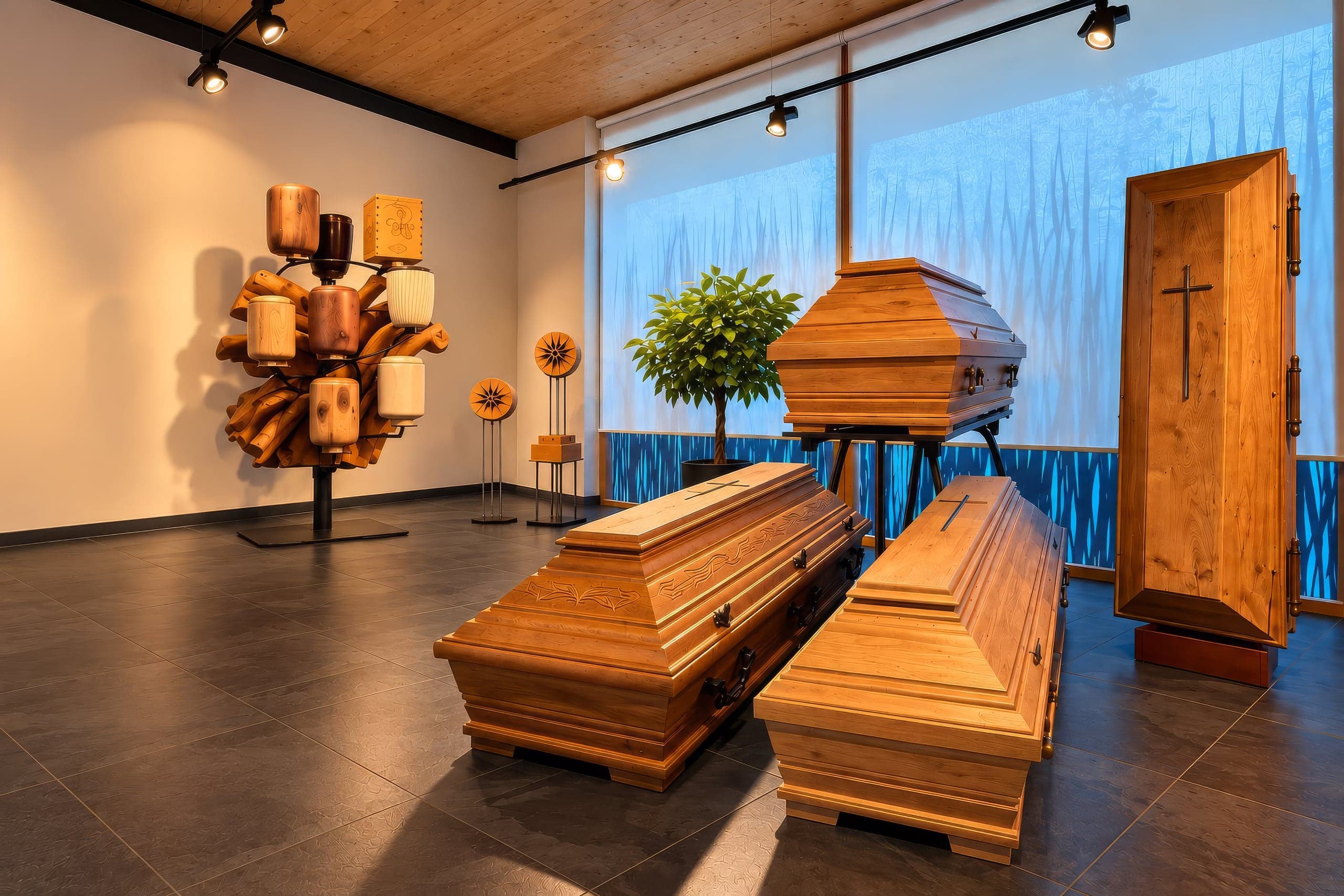 Ausstellungsraum mit Särgen und Urnen der Bestattung Pernold